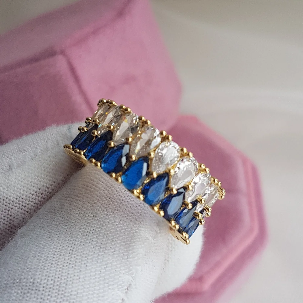 Swarovski Elements Gold Clear & Royal Blue Teardrop Eternity Band Ring NEW